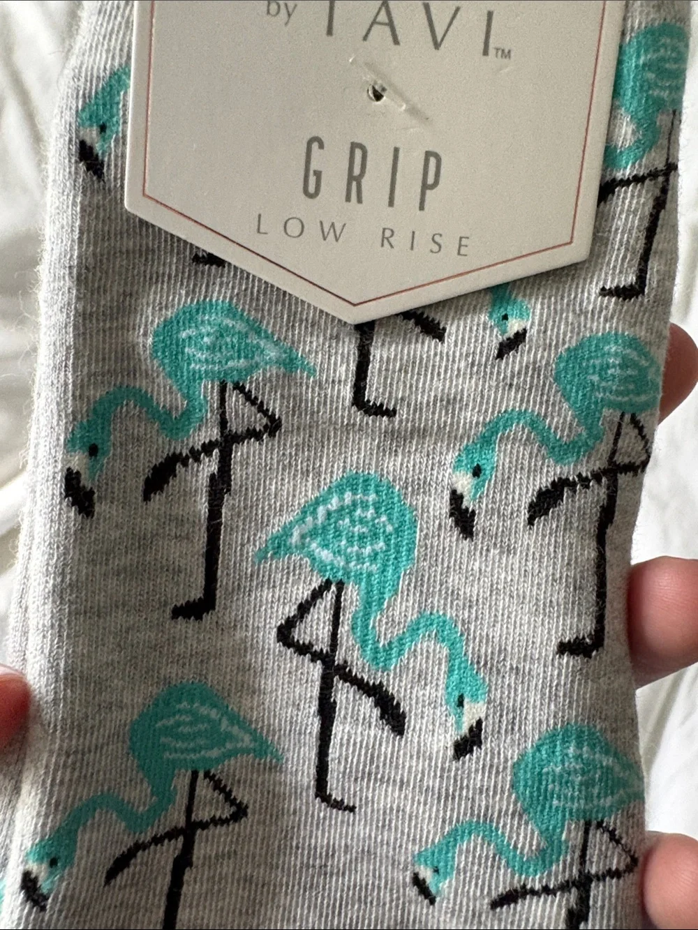 Pure Barre Gray Low Rise Grip Socks with Teal Flamingo Motif
